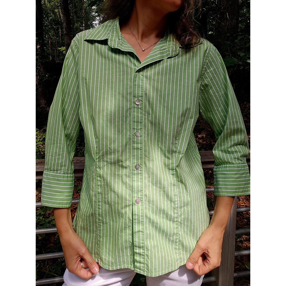 Vintage Green Striped Pima Cotton Button Front Shirt S M